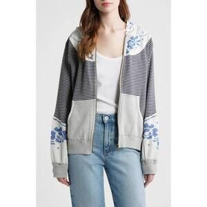 NEW FREE PEOPLE lydia mixed media zip-up hooded sweater in grey